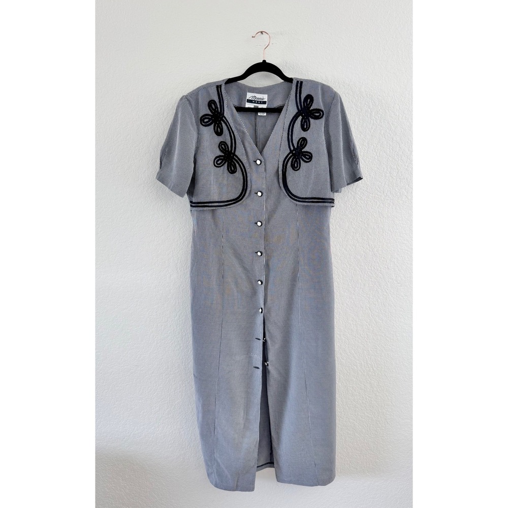 Marnie West Vintage Gingham Midi Dress Rayon Blend Check Black White Soutache 14